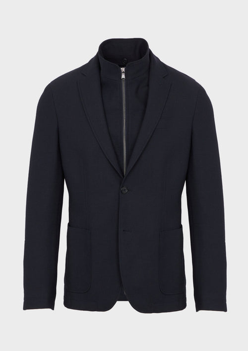 Blazer voyage Regular en laine mélangée unie bleu marine à parementure amovible - Father & Sons - 1