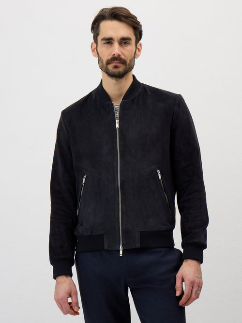 Blouson en cuir nubuck bleu marine - Father & Sons - 1