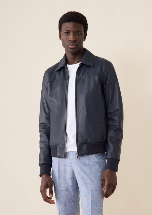 Blouson en cuir bleu marine - Father & Sons - 1