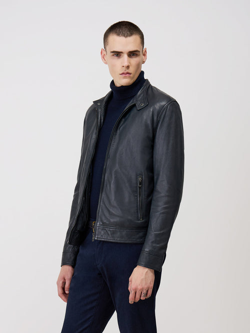 Blouson en cuir bleu marine à capuche amovible - Father & Sons - 4