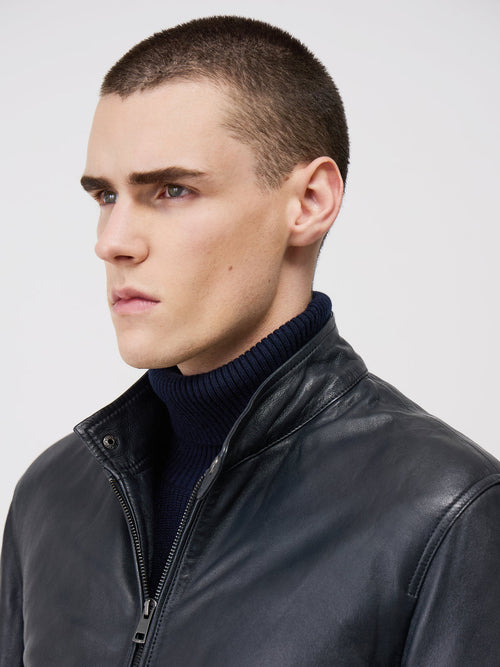 Blouson en cuir bleu marine à capuche amovible - Father & Sons - 3