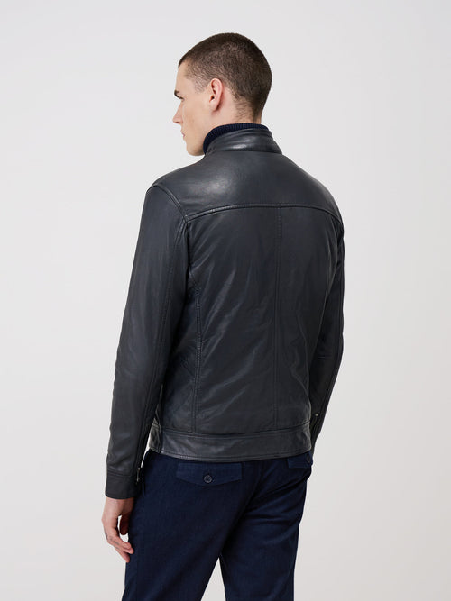 Blouson en cuir bleu marine à capuche amovible - Father & Sons - 2