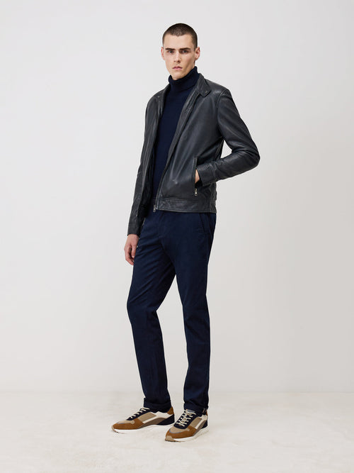 Blouson en cuir bleu marine à capuche amovible - Father & Sons - 5