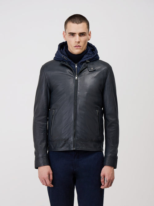 Blouson en cuir bleu marine à capuche amovible - Father & Sons - 1