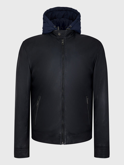 Blouson en cuir bleu marine à capuche amovible - Father & Sons - 6