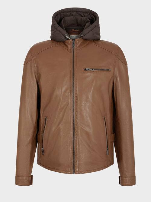 Blouson en cuir camel à capuche amovible - Father & Sons - 5
