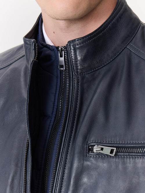 Blouson en cuir bleu marine - Father & Sons - 5