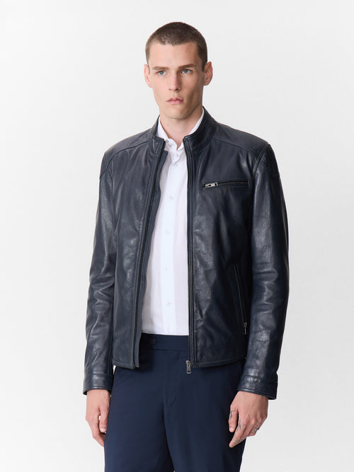 Blouson en cuir bleu marine - Father & Sons - 3