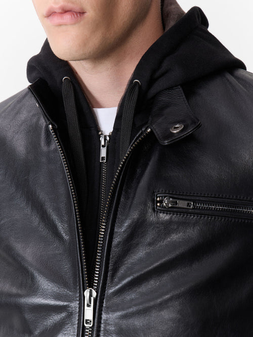 Blouson en cuir noir à capuche amovible - Father & Sons - 3