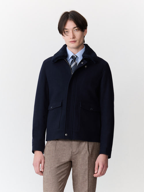 Blouson en laine mélangée bleu marine à col sherpa - Father & Sons - 1