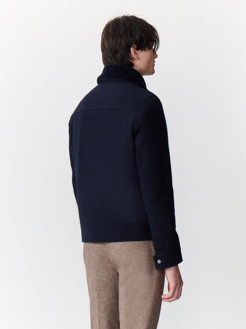 Blouson en laine mélangée bleu marine à col sherpa - Father & Sons - 2