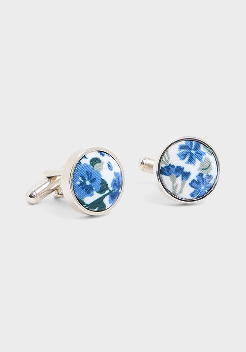 Boutons de manchettes ronds à motif fleuri bleu azur - Father & Sons - 1