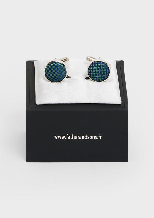 Boutons de manchettes ronds en soie à carreaux bleu marine et vert bouteille - Father & Sons - 2
