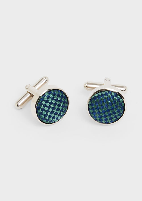 Boutons de manchettes ronds en soie à carreaux bleu marine et vert bouteille - Father & Sons - 1