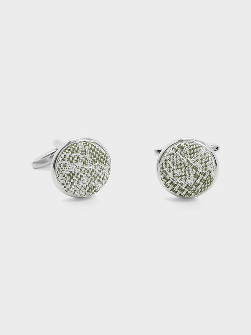 Boutons de manchettes ronds en coton et soie vert d'eau à motif fleuri blanc - Father & Sons - 1