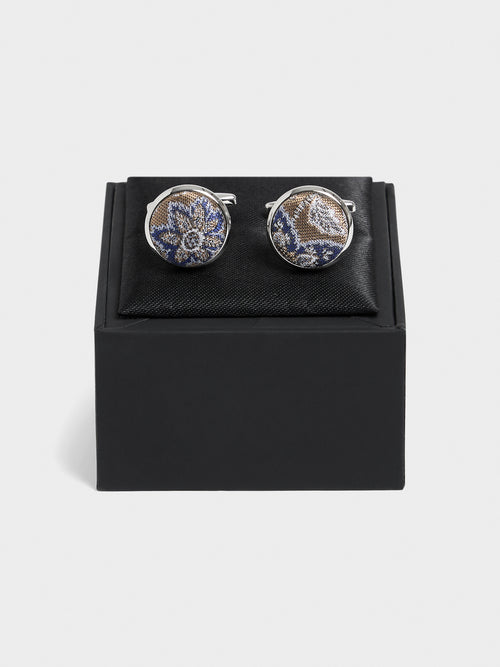 Boutons de manchettes ronds en soie mélangée marron à motif fleuri bleu - Father & Sons - 2