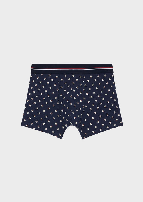 Boxer en coton stretch bleu marine à motif fantaisie blanc et rouge - Father & Sons - 1