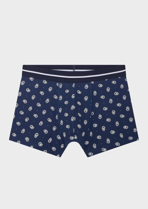 Boxer en coton stretch bleu marine à motif fantaisie blanc - Father & Sons - 1