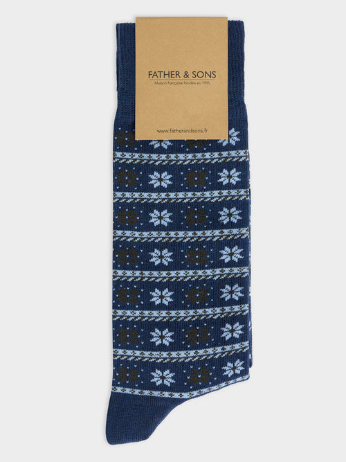 Chaussettes en coton bio mélangé bleu indigo à motif - Father & Sons - 1