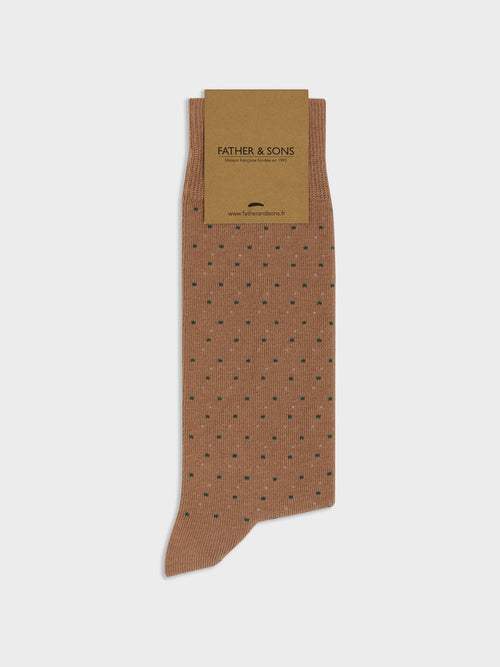 Chaussettes en coton bio mélangé marron à pois kaki - Father & Sons - 1