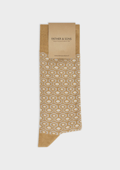 Chaussettes en coton bio mélangé camel à motif fantaisie gris perle et écru - Father & Sons - 1