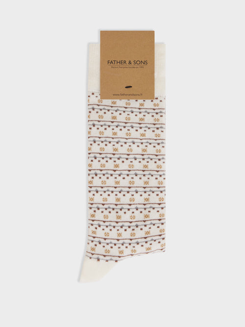 Chaussettes en coton bio mélangé écru à motif marron et gris - Father & Sons - 1