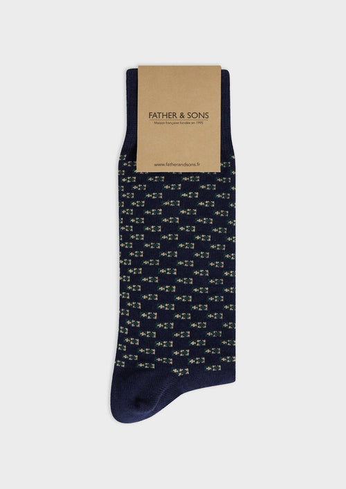 Chaussettes en coton bio mélangé bleu nuit à motif fantaisie vert sapin et sable - Father & Sons - 1