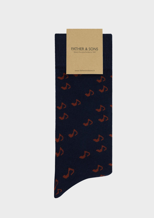 Chaussettes en coton bio mélangé bleu marine à motif harpe terracotta - Father & Sons - 1