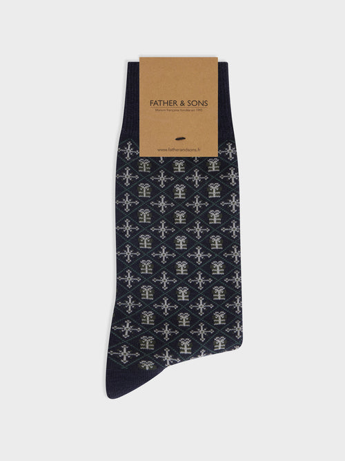 Chaussettes en coton bio mélangé bleu marine à motif vert et gris - Father & Sons - 1