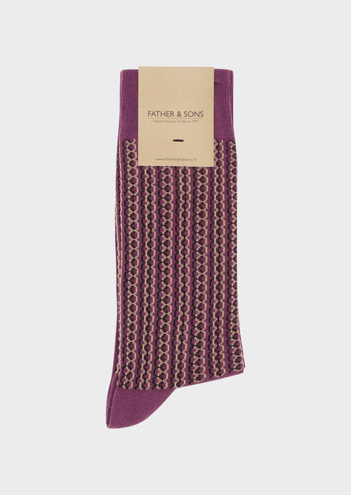 Chaussettes en coton mélangé aubergine à motif fantaisie beige et noir - Father & Sons - 1