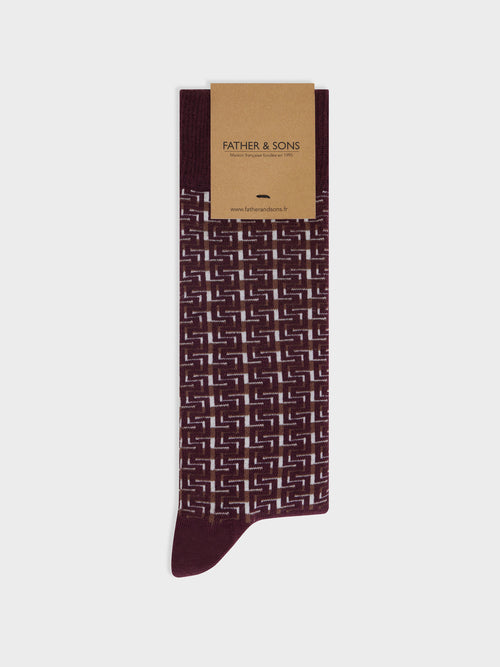 Chaussettes en coton bio mélangé bordeaux à motif marron et écru - Father & Sons - 1