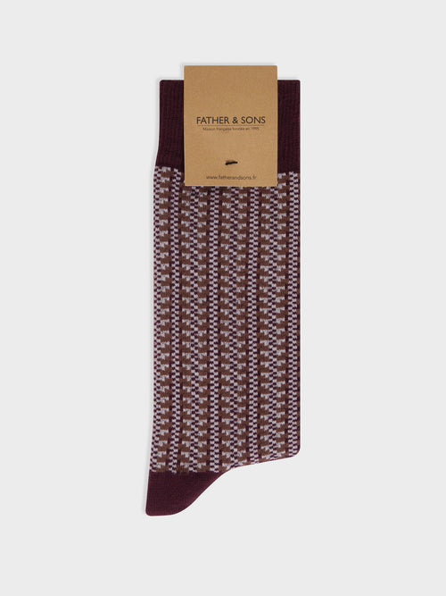 Chaussettes en coton bio mélangé bordeaux à motif écru et marron - Father & Sons - 1