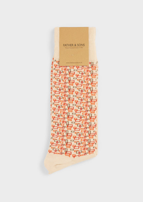 Chaussettes en coton bio mélangé mastic à motifs géométriques rouge et marron - Father & Sons - 1