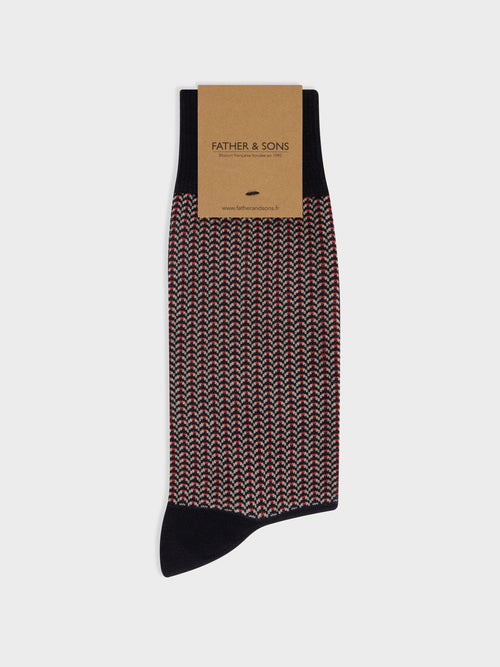 Chaussettes en coton bio mélangé noir à motif beige et vermillon - Father & Sons - 1