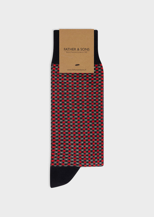 Chaussettes en coton bio mélangé noir à motif vermillon et beige - Father & Sons - 1