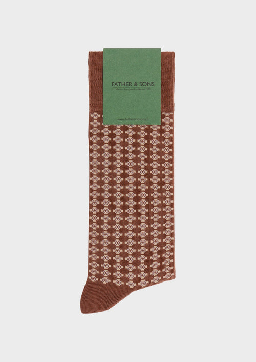 Chaussettes en coton bio mélangé brique à motifs géométriques beige et blanc - Father & Sons - 1