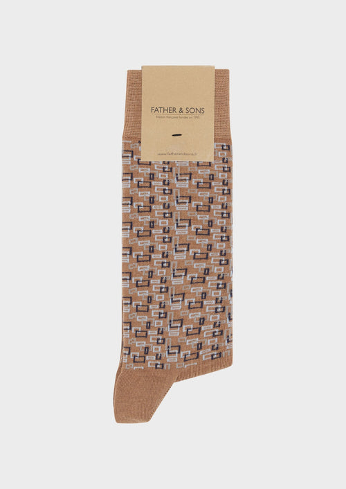 Chaussettes en coton mélangé tabac à motifs géométriques beige et bleu marine - Father & Sons - 1
