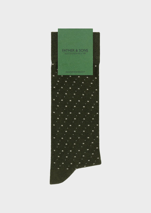 Chaussettes en coton bio mélangé kaki à pois sable et gris - Father & Sons - 1