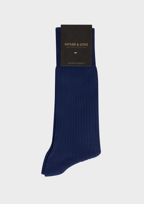 Chaussettes en coton fil d'Ecosse uni bleu indigo - Father & Sons   -