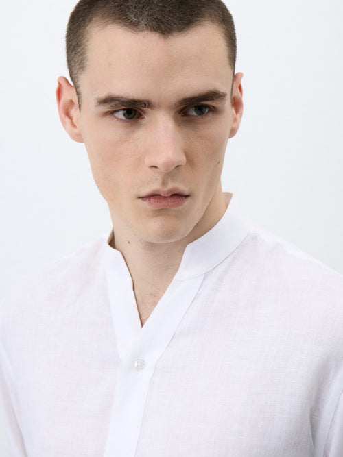 Chemise Slim en lin blanc à col tunisien - Father & Sons - 3