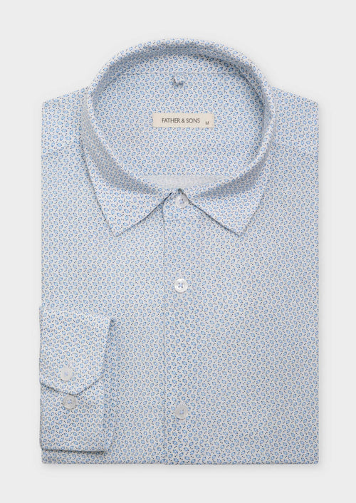 Chemise sport Slim en lin et coton blancs à motif fantaisie bleu ciel - Father & Sons - 1