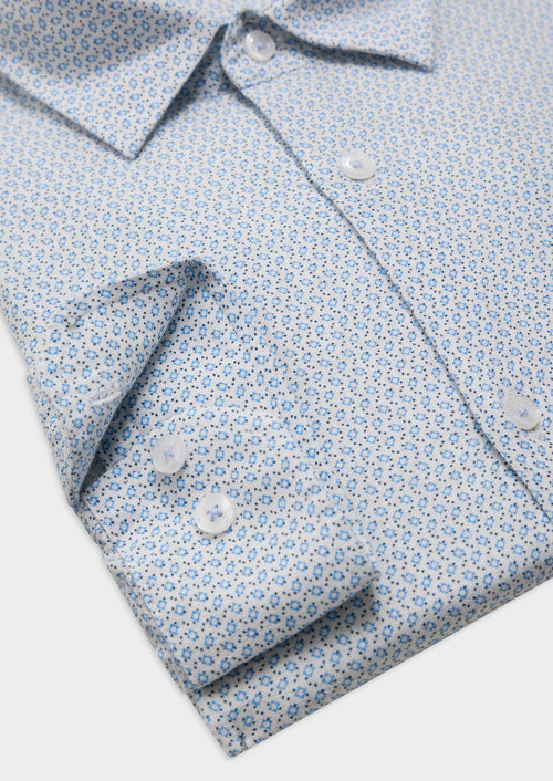 Chemise sport Slim en lin et coton blancs à motif fantaisie bleu ciel - Father & Sons - 3