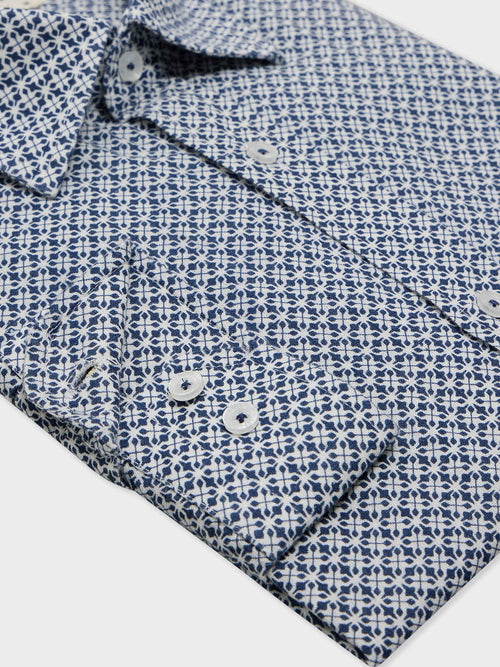 Chemise Slim en lin et coton à motif bleu indigo - Father & Sons - 3