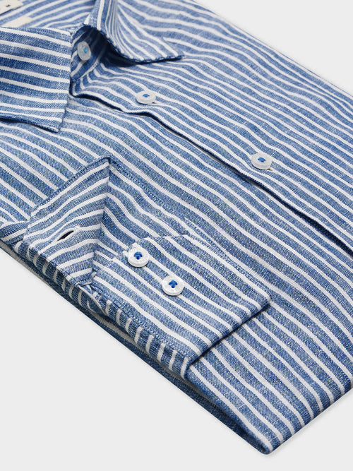 Chemise Slim en lin bleu indigo à rayures - Father & Sons - 3