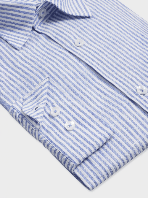Chemise slim en lin bleu indigo à rayures - Father & Sons - 3