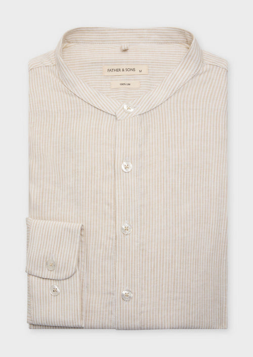 Chemise sport Slim en lin blanc à rayures beiges à col officier - Father & Sons - 1