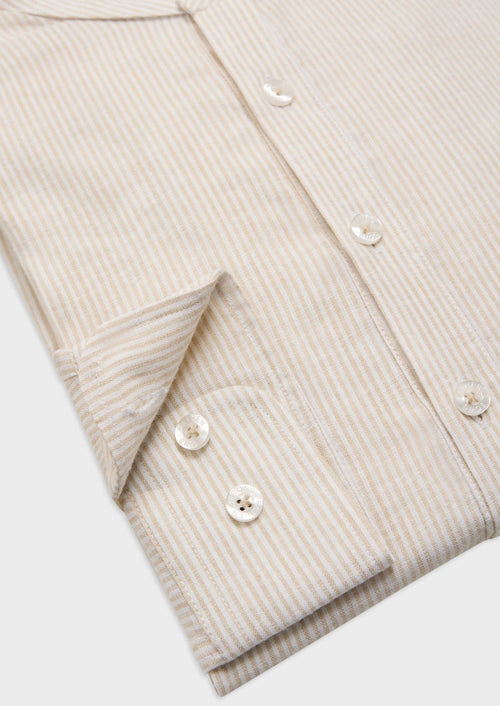 Chemise sport Slim en lin blanc à rayures beiges à col officier - Father & Sons - 3