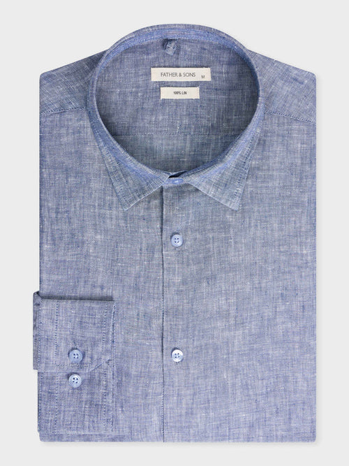 Chemise sport Slim en lin uni bleu chambray - Father & Sons - 1