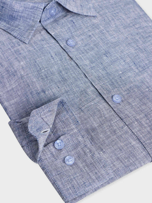 Chemise sport Slim en lin uni bleu chambray - Father & Sons - 3