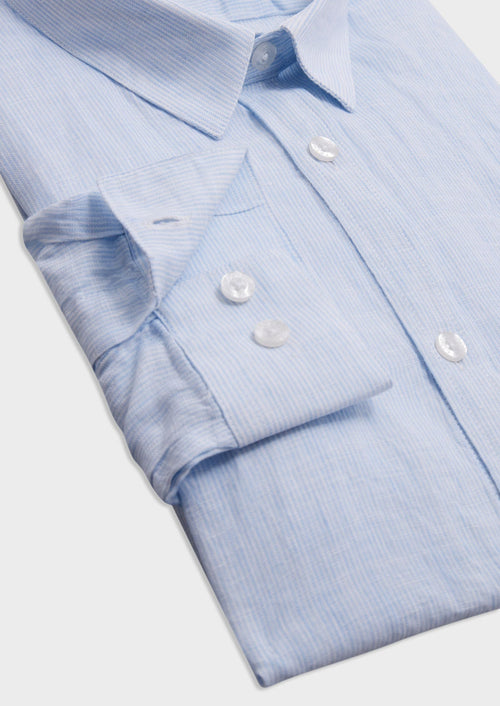 Chemise sport Slim en lin blanc à rayures bleu ciel - Father & Sons - 3